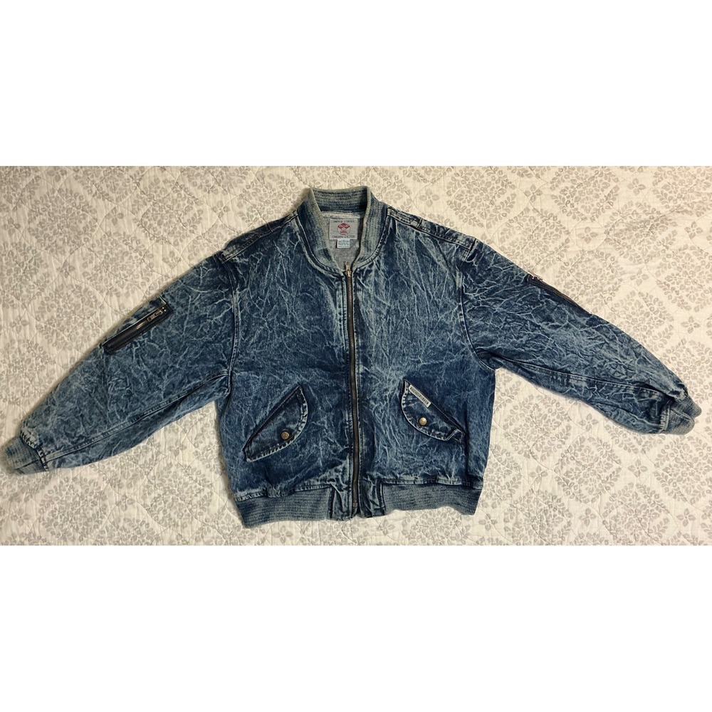 VTG Chemin de Fer Womens‎ S Acid Wash Denim Bomber Jacket Zipper Pockets Ribbed